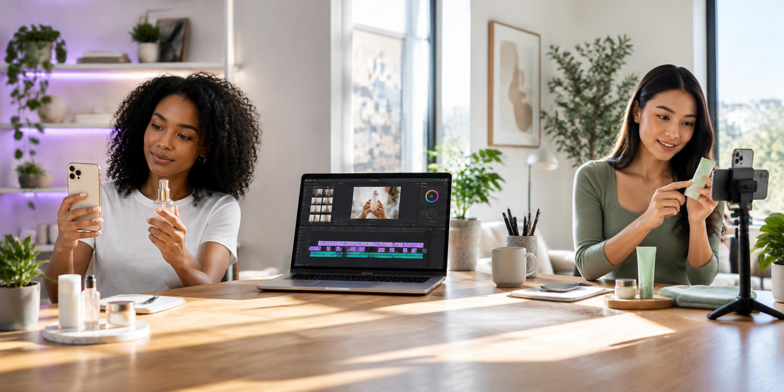 Illustrative AI-generated scene of creators producing product videos in a home studio